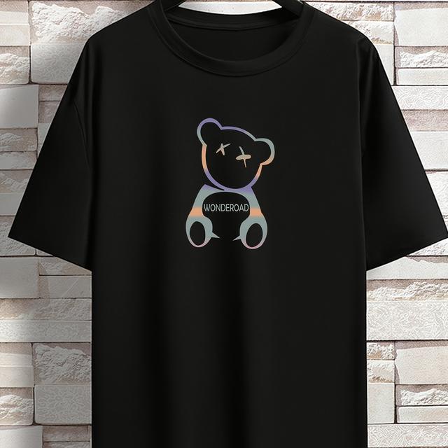 TEMU เสื้อยืดคอกลมลายหมี '' สำหรับผู้ชาย ยืดหยุ่นได้ ทรงโอเวอร์ไซส์ แขนสั้น เสื้อผ้าลำลองขนาดใหญ่สำหรับฤดูใบไม้ผลิและฤดูร้อน