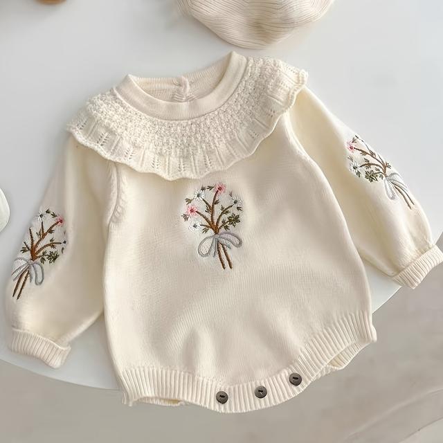 TEMU M2034 Girls' Autumn New Knitted Ruffle Collar Long Sleeve Romper, Perfect For Outdoor