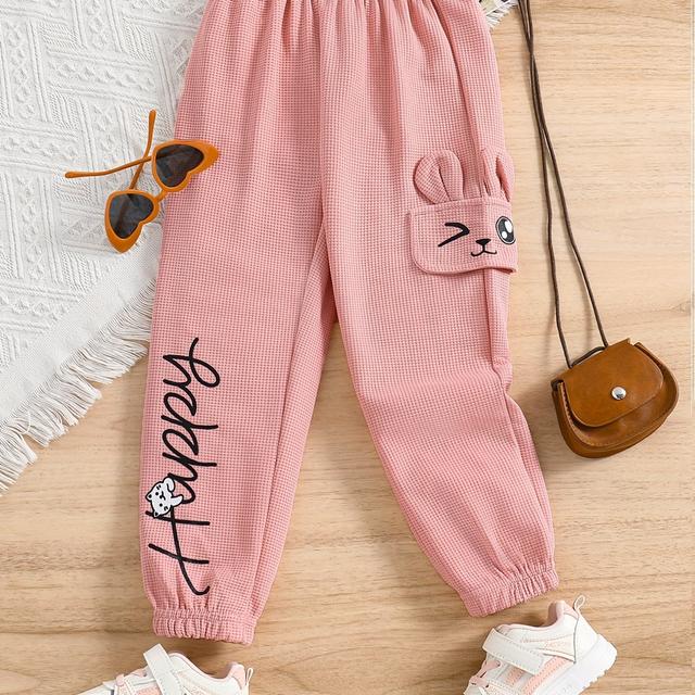 TEMU Girls' Cute Rabbit Pocket Harem Pants, Polyester Knit Fabric, Alphabet Pattern, Regular Fit, Stretch, Spring/fall Fashion, Casual Toddler Long Trousers With Elastic Cuffs, For Outdoor