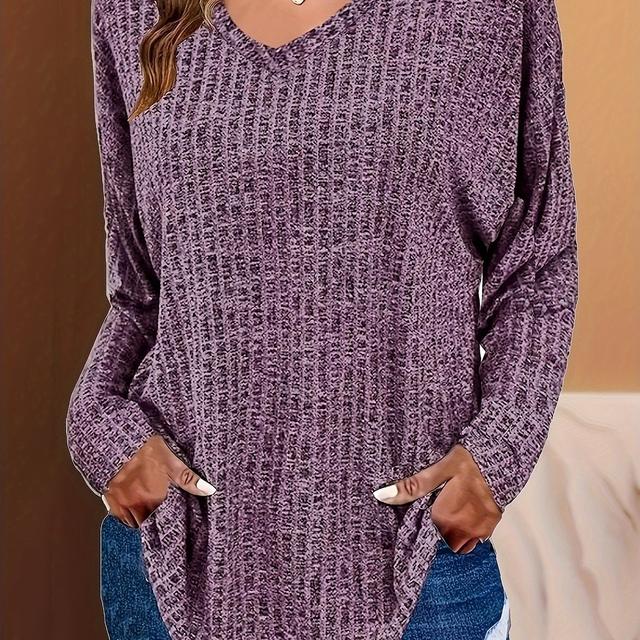 TEMU Plus Size Casual Knit Top, Women's Plus Solid Ribbed Long Sleeve V Neck Tunic Top