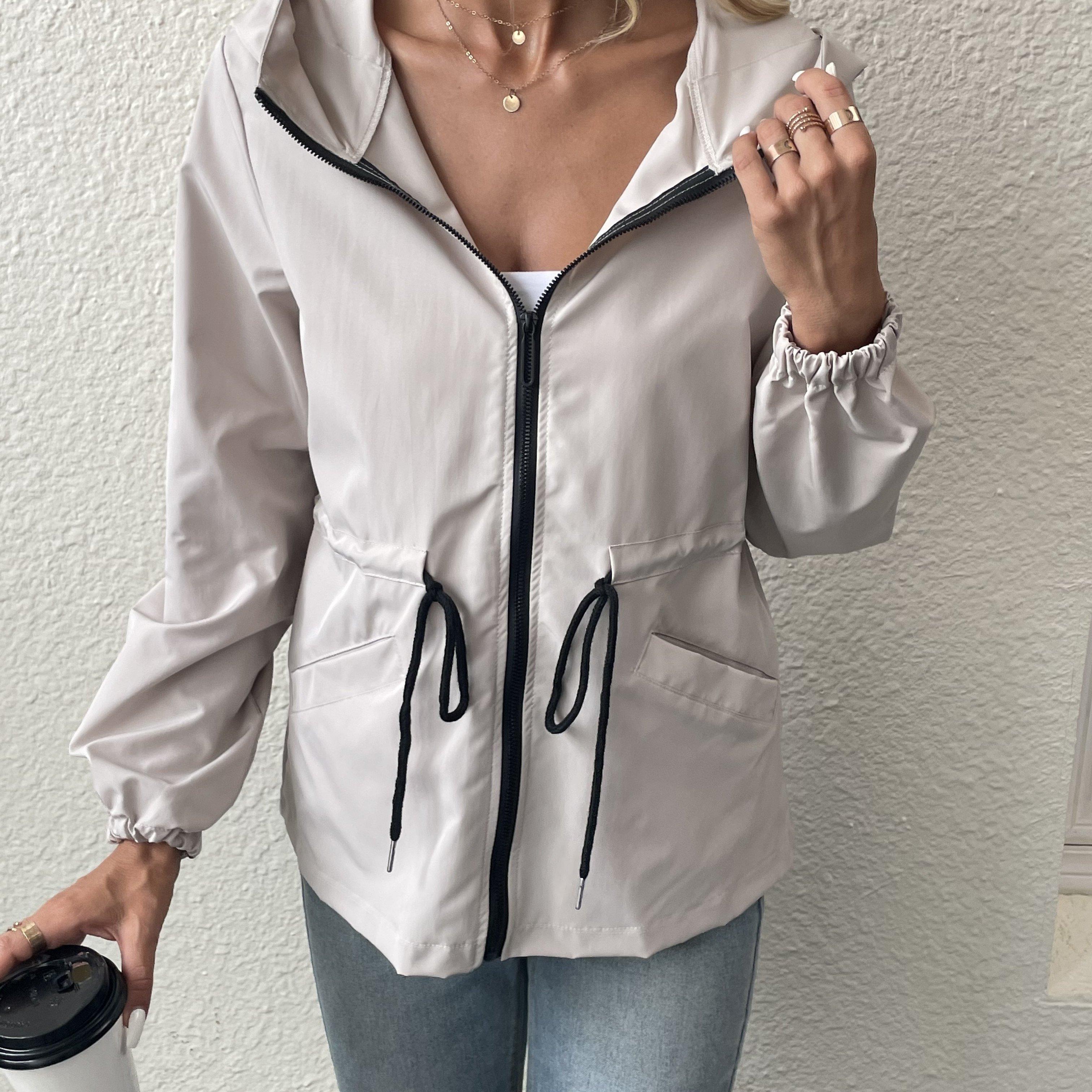 TEMU con capucha para mujer, moda de dirección, con puños elásticos, cintura ajustada media, cordón ajustable, cierre con cremallera y diseño con bolsillos