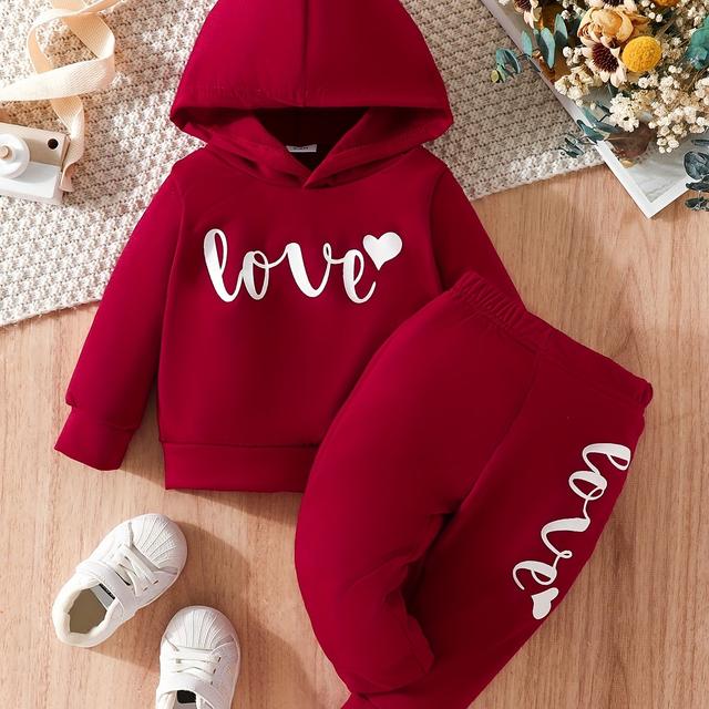 TEMU Baby Girl Casual Letter Print Drawstring Hoodie + Letter Print Sweatpants Two-pieces Outdoor Set, Kids Autumn And Winter Outdoor Clothes, Outdoor Cloth