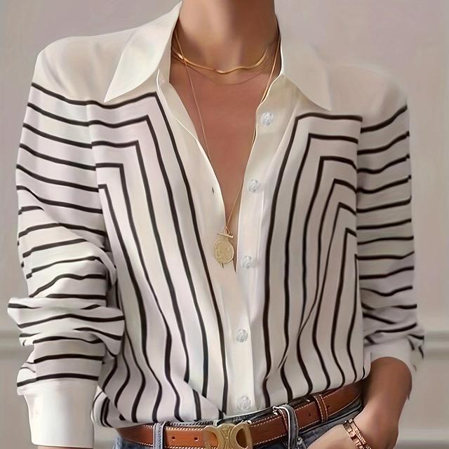 TEMU Einfaches Hemd Mit Geo-Print, Lässiges Langarmshirt Mit Knopfleiste Vorne, Damenbekleidung