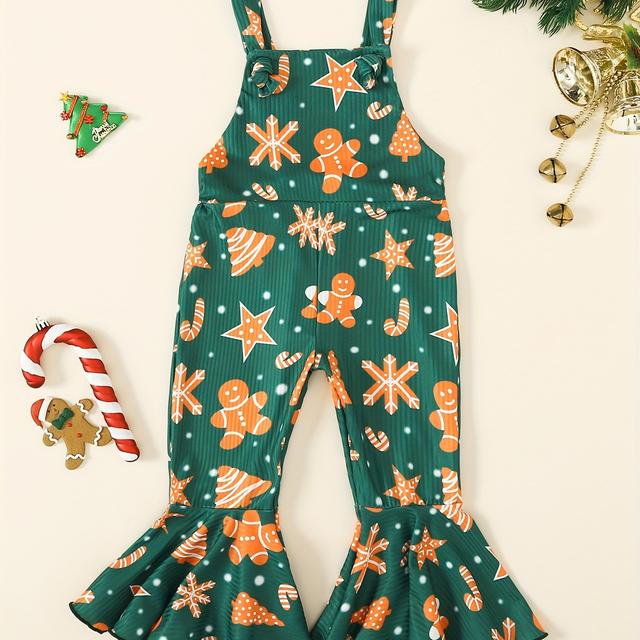 TEMU Girls' Christmas-themed Print Spaghetti Strap Jumpsuit With Flared Pants, For Outdoor