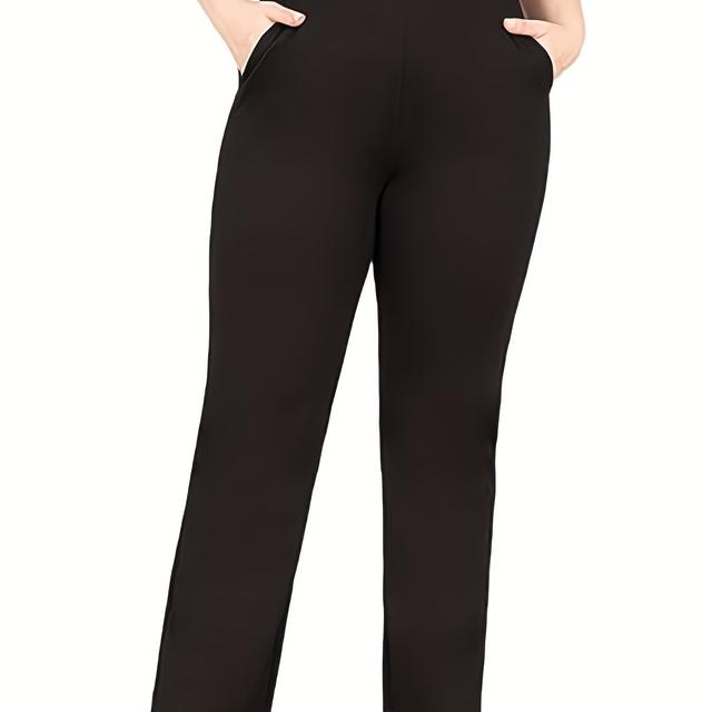 TEMU Plus Size Basic Pants, Women's Plus Solid Medium Stretch Workwear Trousers With Pockets