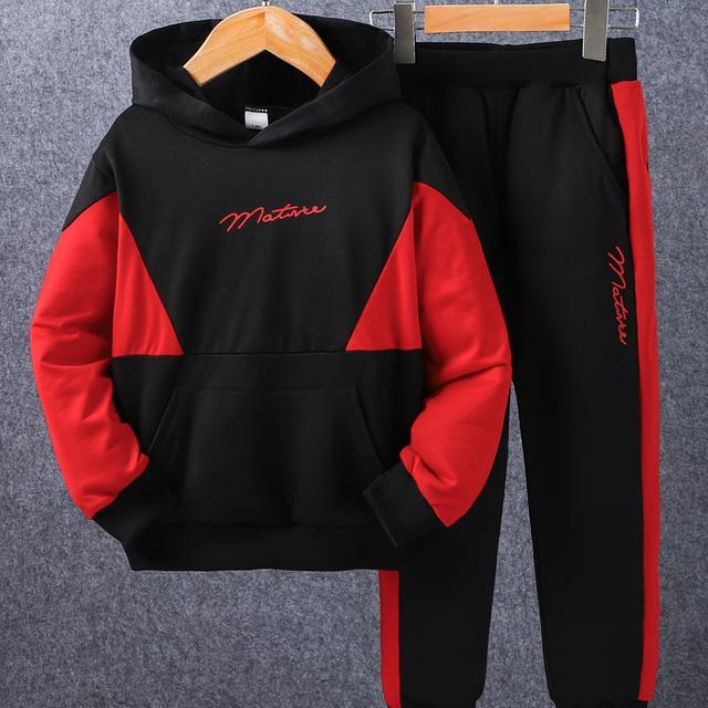 TEMU Europäisches Amerikanische Jungen-Langenhosen Set mit Color Block Kapuzen-Splicing, Frühling/Herbst Sportanzug für mittelgroße bis großformatige Jugendliche – im Freien