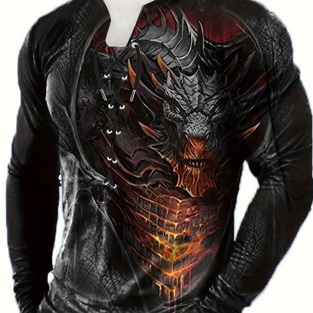 TEMU Scary Dragon 3d Print Men's Long Sleeve Henley Tee, Men's Retro Clothing For