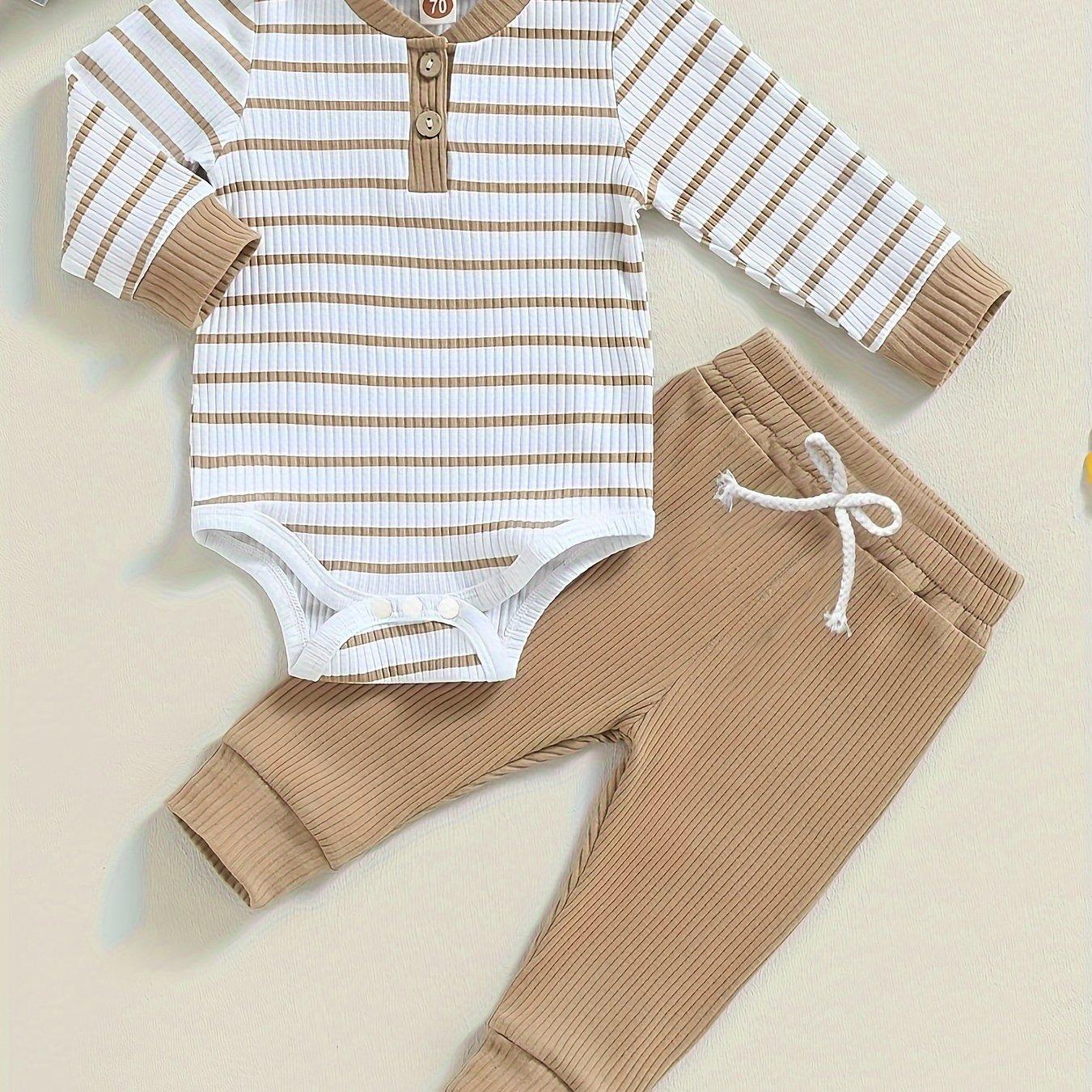 TEMU Ensemble Bébé à Rayures : Barboteuse à Manches Longues et Pantalon (Boucle en Plastique), Tissu Confortable et au Port, Idéal pour l'Extérieur