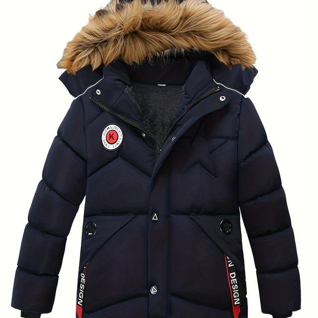 TEMU Boy's Trendy Fleece Lining, Warm Zip Up Hooded Coat, Boy's Clothes For Winter Outdoor, As Gift