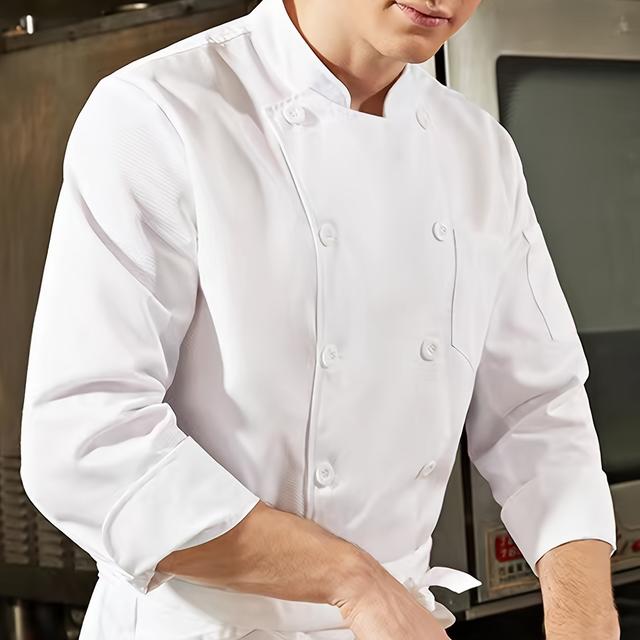 TEMU Men's Chef Coat Long Sleeve Classic Boat Neck Solid Color Non-stretch Fabric With Buttons - Professional Kitchen & Restaurant Cooking Baking Uniform, Regular Fit