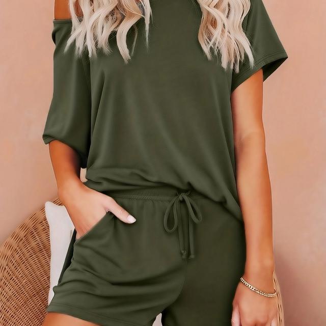 TEMU Casual Solid Two-piece Set, Split Short Sleeve T-shirt & Elastic Drawstring Shorts Outfits, Women's Clothing