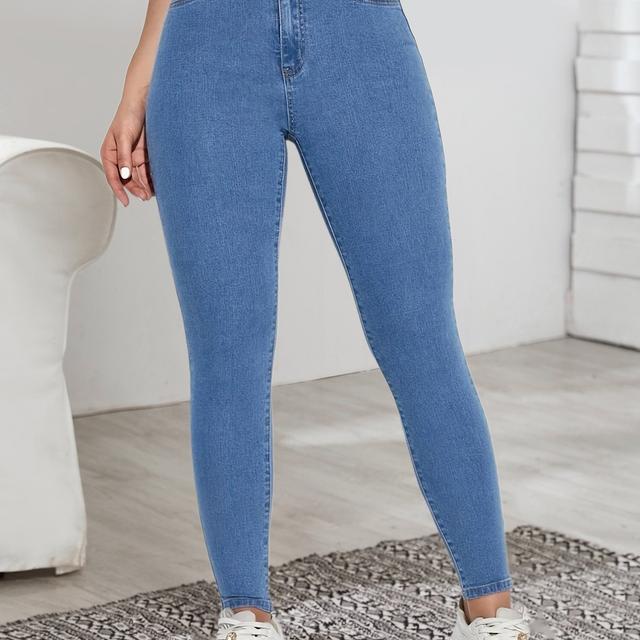 TEMU Jeans crayon bleu taille haute extensible, poches fendues, pantalon en denim à la cheville, jeans en denim et vêtements pour femmes