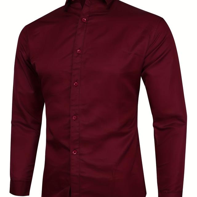 TEMU Formal Plain Burgundy Button Up Shirt, Men's Clothes For Business Occasion
