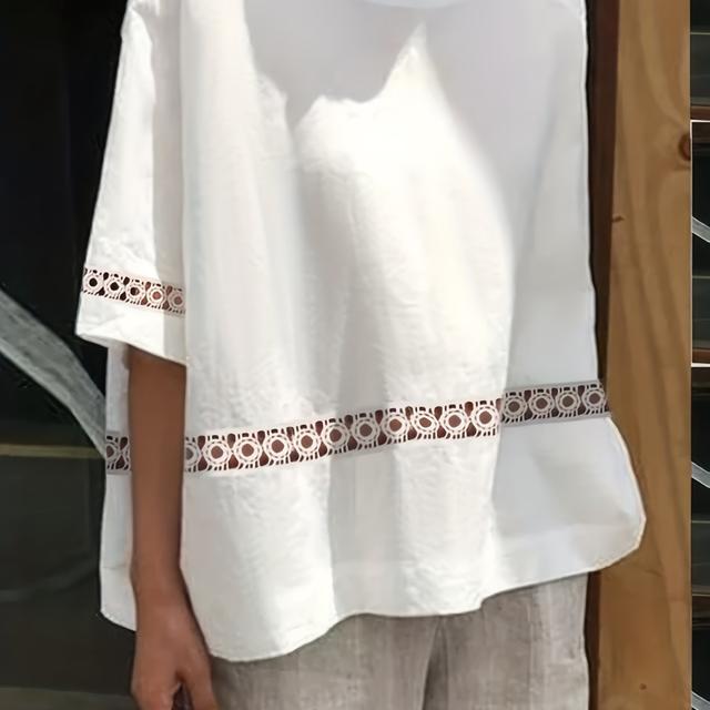 TEMU Haut Boho Grande Taille, T-Shirt à Col Rond et Demi-manches Brodées de Fleurs à Œillets pour Femme Grande Taille