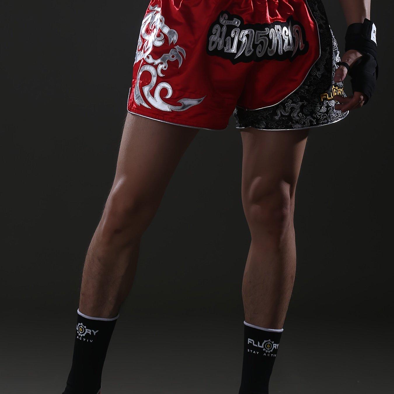 TEMU Fluory Muay Thai Shorts, Embroidered Sports Trunks For Boxing Workout Fighting Training