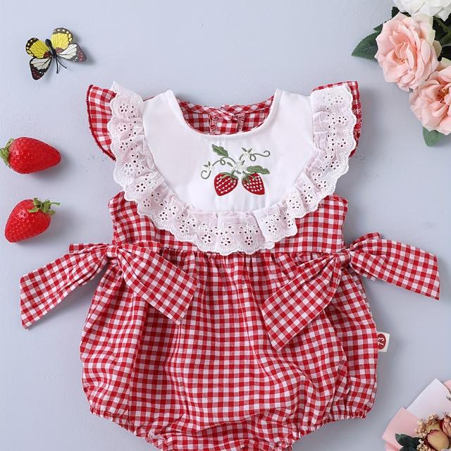 TEMU Süßes Baby Mädchen Erdbeer Stickerei Schleife Karo Rüschenbesatz Strampler, Lässige Outdoor Kleidung