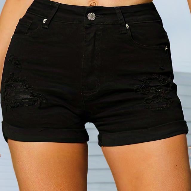 TEMU Fit Denim Shorts, High-stretch Slash Pockets Ripped Holes Short Denim Pants, Women's Denim Jeans & Clothing