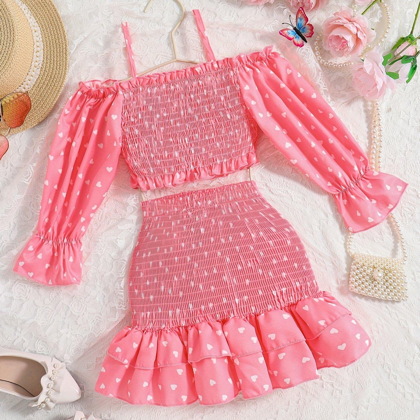TEMU Girls' Fashion Print Off-the-shoulder Long Sleeve Top And Ruffle Hem Knee-length Skirt Set | Heart Pattern, Shirred Details, Non-stretch Woven Fabric, Spring/summer Season