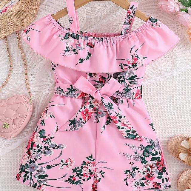 TEMU Girls' Off-shoulder Floral Print Jumpsuit With Sleeves & Waist Bow - Vibrant Summer Casual Outfit, Short Sleeveless Dress For & , Design, , For Outdoor