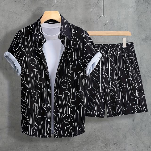 TEMU Herren Sommer Casual Kurzarm Hemd und Shorts Set, geometrisches Muster, Quadratischer Ausschnitt, Regular Fit, 100% Polyester, Gewebte Stoff, 120g/m² - Schwarz
