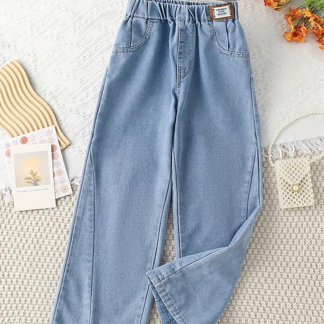 TEMU ' Wide-leg Denim Pants With Pockets - Light Blue Casual Jeans, Elastic Waistband, Non-stretch Fabric, , Outdoor Play Or Casual Attire, Jeans | Elastic Waistband Jeans | Durable Fabric Jeans