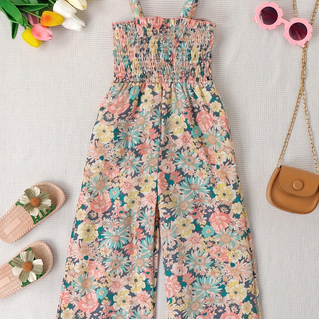TEMU Girls' Floral Print Strap Jumpsuit For Summer Parties, For Outdoor