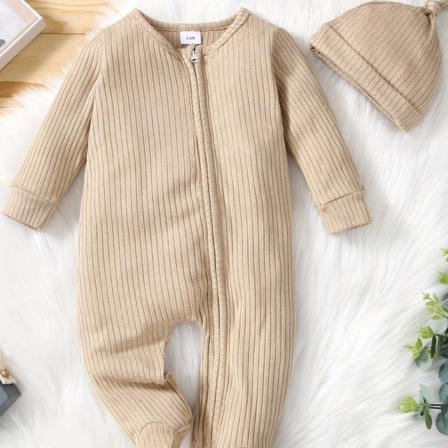 TEMU Children's Long Sleeve Footed Romper With Drawstring And Hat, Outdoor