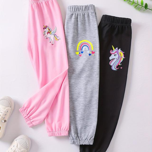 TEMU Lot de 3 pantalons de sport actifs pour enfants avec mignonne de licorne, LOS ANGELES et , respirants et confortables.