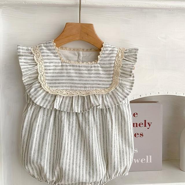 TEMU Cute Ruffle Square Neck Cotton Outdoor Romper, Infant Baby Girls Casual Bodysuit