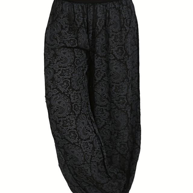 TEMU Vardagskomfort| Kvinnors Bohemiska Blommiga Tryck Breda Ben Harembyxor - Avslappnad Semesterstil, Svart Spets Tyg, Maskintvättbar, Avslappnad Passform Byxor|Mönstrade Byxor|Stretchbart Material