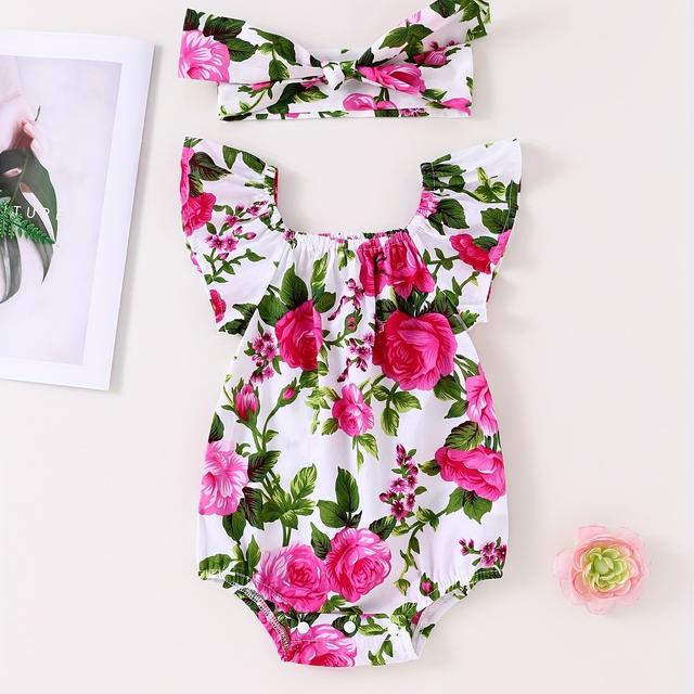 TEMU New Summer Baby Romper, Cute Baby Sleeveless Rose Print Onesie, Newborn Bodysuit Crawling Outfit With Headband, 2pcs Set, Perfect For Outdoor