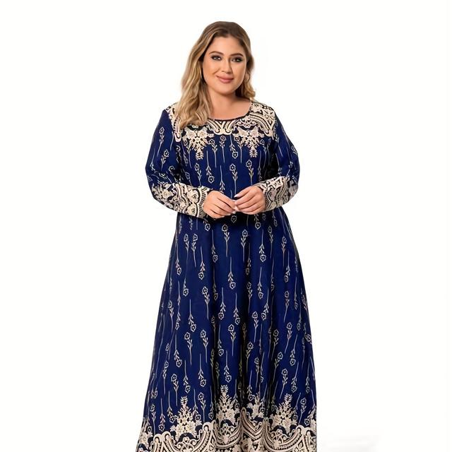 TEMU Kleid für den in großen Größen, Damen Plus Size Blumenmuster Langarm Rundhalsausschnitt Maxikleid für Ramadan