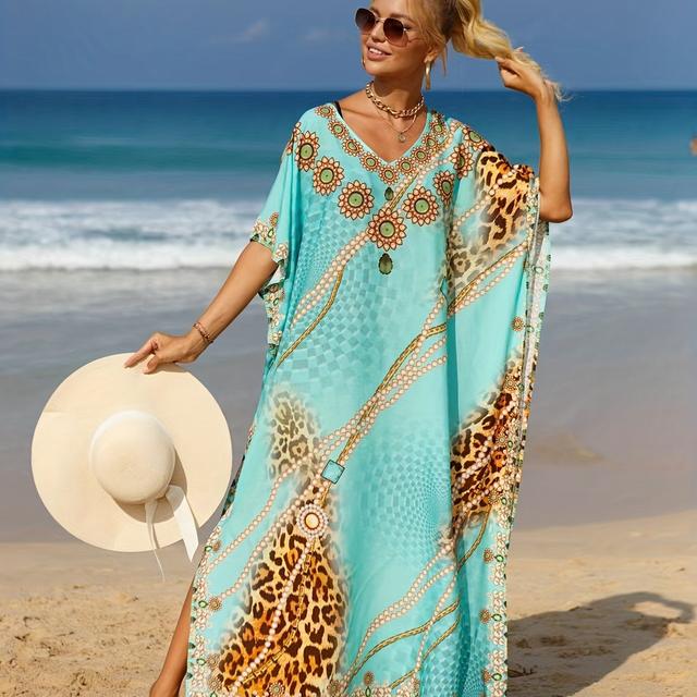 TEMU Women's Summer Beach Kaftan Robe With Placement Print, Cover-up Beach Shirt, Bikini Top Jacket