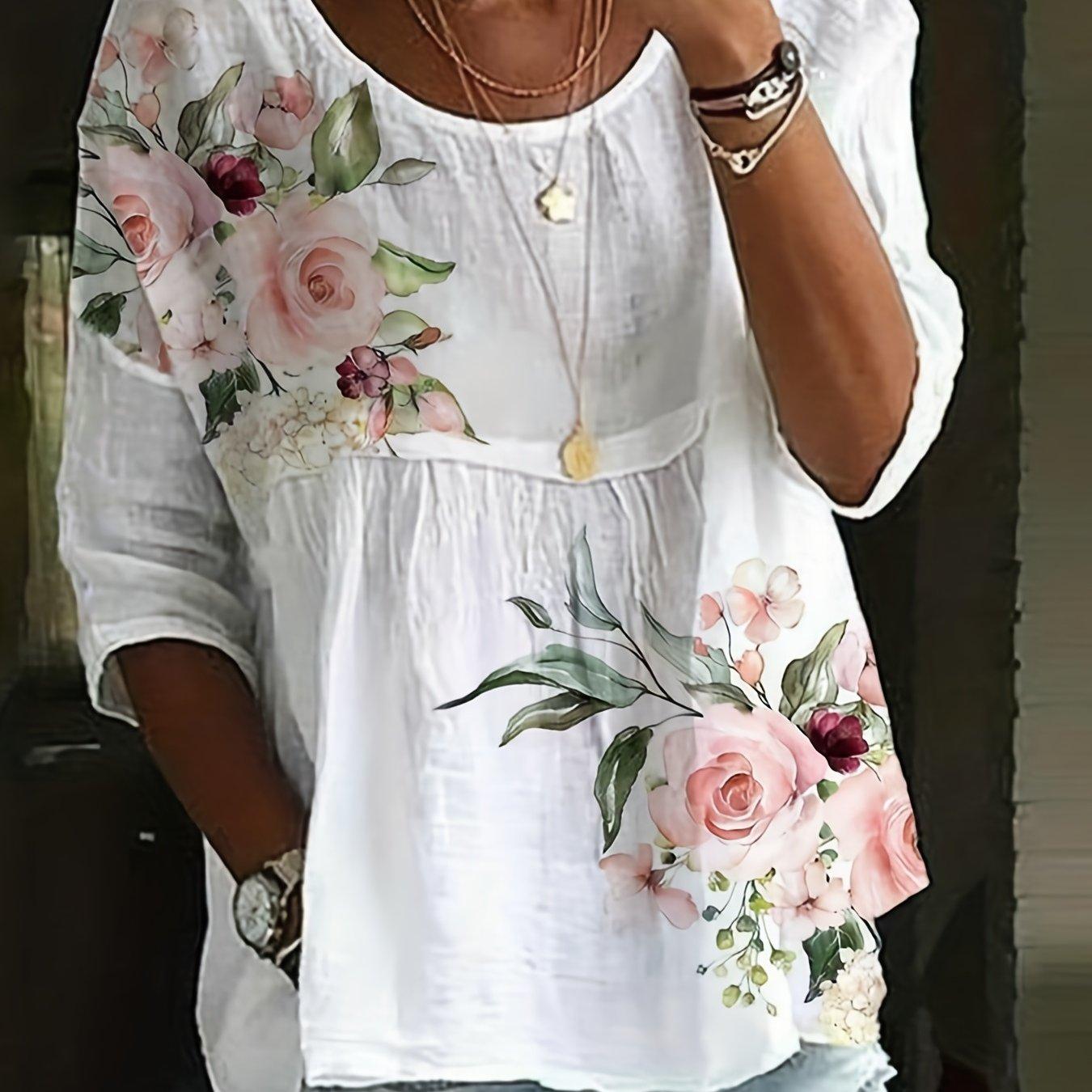 TEMU Plus Size Casual T-shirt, Women's Plus Floral Print Half Sleeve Round Neck T-shirt
