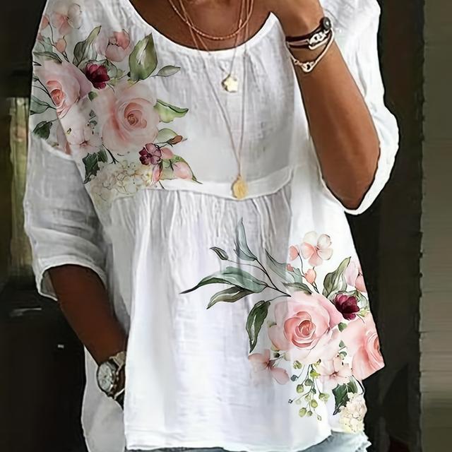 TEMU Plus Size Casual T-shirt, Women's Plus Floral Print Half Sleeve Round Neck T-shirt