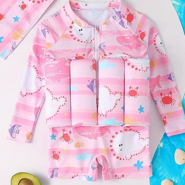 TEMU Lwersimmg Kids' Cartoon One-piece Swimsuit With Detachable Buoyancy - Sky Blue Marine Animal Design, Stretchy Polyester Fabric, Zipper Closure, Hand Wash Only, Swimming And Snorkeling