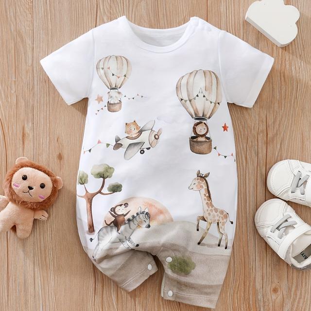 TEMU Body à manches courtes pour enfants avec motif ballon à air chaud et avion animalier, idéal pour l'extérieur