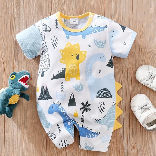 TEMU Baby Boy Onesie - Soft Breathable Short Sleeve Romper With Cute Dinosaur & Cloud Print, Lightweight Summer Outfit, Easy Diaper Change, Outdoor
