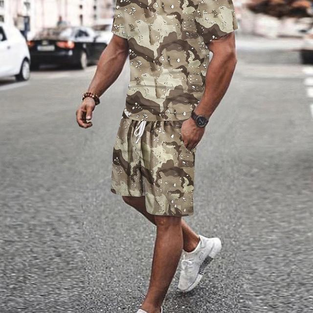 TEMU Camouflage Full Print, Street Style Men's 2pcs Outfits, Trendy T-shirt And Loose Drawstring Shorts Set, Mens Clothing