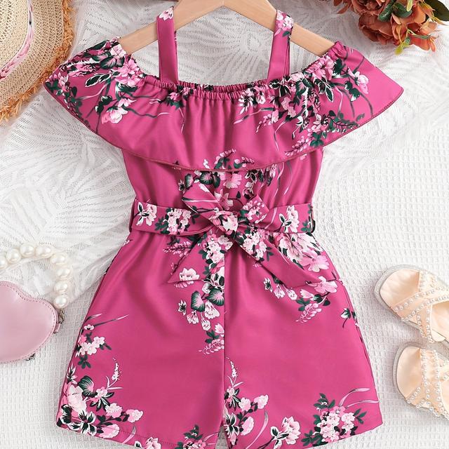TEMU Hwmfsnhfz Girls' Off-shoulder Floral Print Jumpsuit With Sleeves & Waist Bow - Vibrant Summer Casual Outfit, Short Sleeveless Dress For & , Design, , For Outdoor