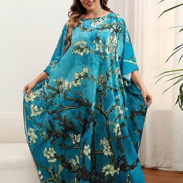 TEMU Boho-Cover-Up-Kleid In Übergröße, Damen-Plus-Blumendruck, Fledermausärmel, Rundhalsausschnitt, Leicht Dehnbar, Geteiltes Cover-Up-Kleid