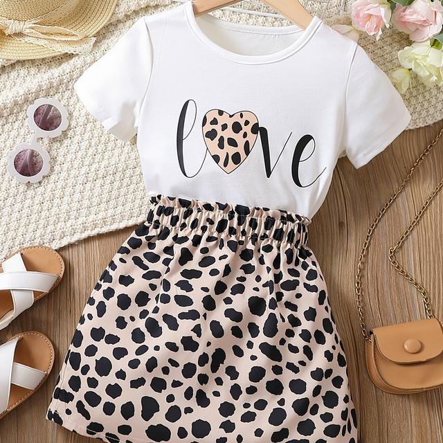 TEMU Toddler Girls Heart And Letter Graphic Leopard Splicing Paperbag Waist Dress Kids Summer Outdoor Clothes