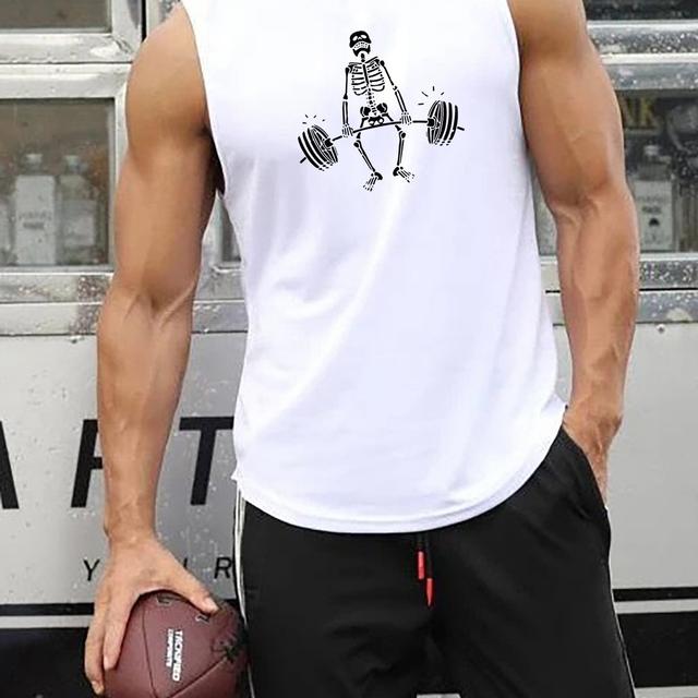 TEMU Men's Summer Fitness Tank Top - Breathable, Quick-dry Muscle Training Vest With Skeleton Print, Loose Fit & Moisture-wicking