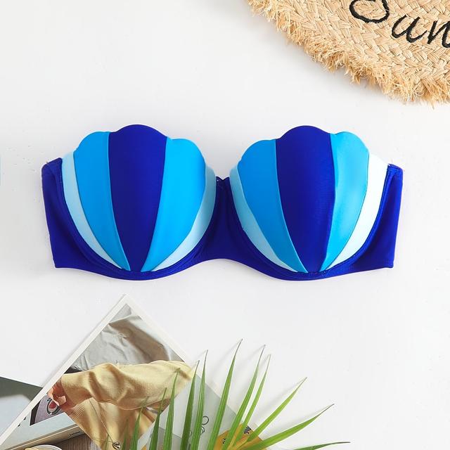 TEMU Farbblockblaues Bikinioberteil In Muschelform, Bandeau-Push-up-Badeanzugoberteil Mit Muschelbesatz, Damenbadebekleidung Und -bekleidung