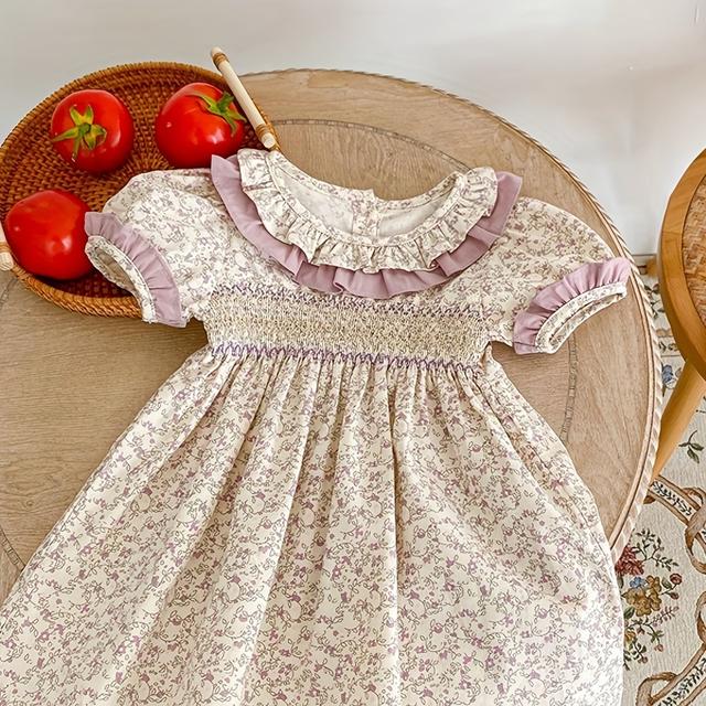 TEMU 9439 Girls' Summer Vintage Purple Floral Cute Lace Round Neck Short Sleeve Dress