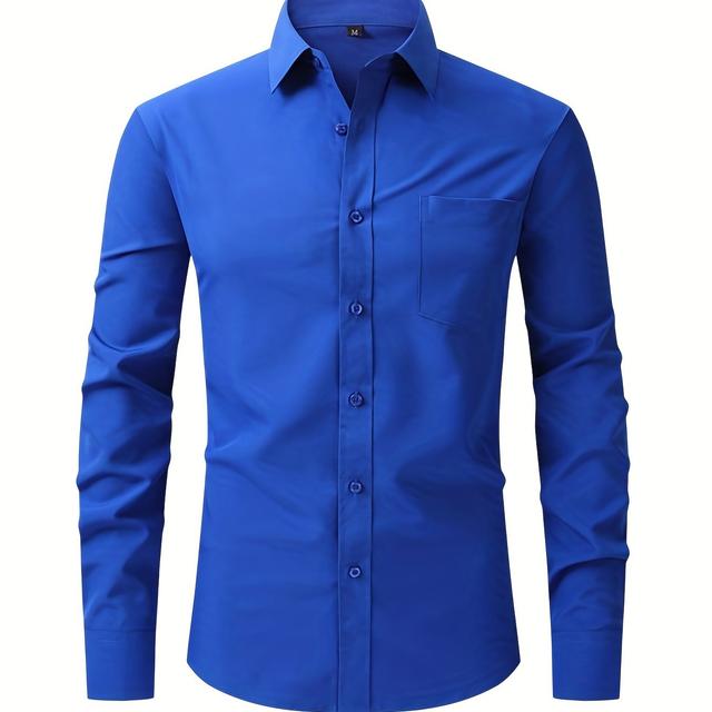 TEMU Men's Long Sleeve Dress Shirt - Wrinkle-resistant Stretch Fabric, Solid Color Royal Blue, Pointed Lapel & Single-button Cuffs, H- Casual & Professional Office Wear, Machine Washable