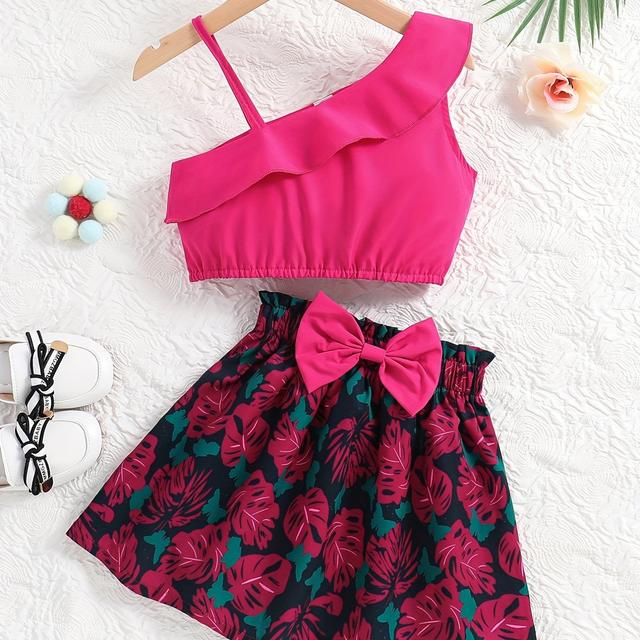 TEMU Completo Due Pezzi per Ragazze con Top Monospalla a Scollo e Gonna con , Stampa Colori