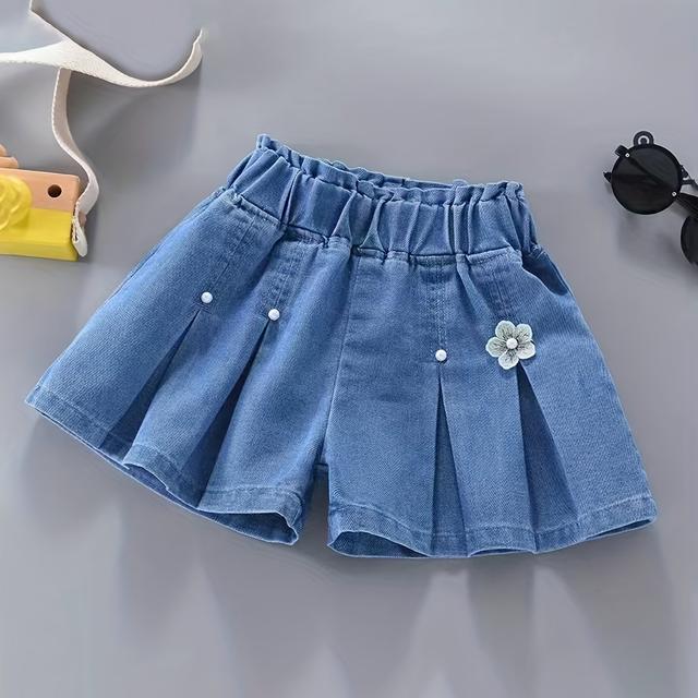 TEMU Girls' Denim Pleated Skirt, Girls' Summer -matching Denim Shorts, Comfortable Thin Beach Denim Shorts, Daily Casual Shorts, Girls' Cute Shorts, Holiday Shorts, Elastic Waist Wear