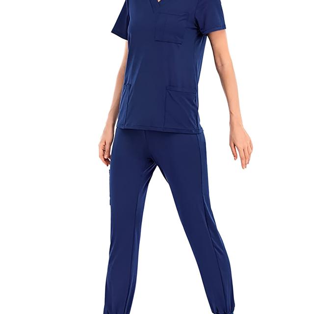 TEMU Solid Color V-neck Short Sleeve Pocket Casual Nurse Brushing Dress Work Uniform Set