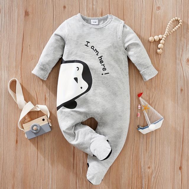 TEMU Yierying Boys' Adorable Cartoon Penguin "i Am Here!" Footed Romper - 100% Cotton Soft Bodysuit With Elastic Cuffs, Spring/fall Casual Outfit, Hand Wash Only, Outdoor